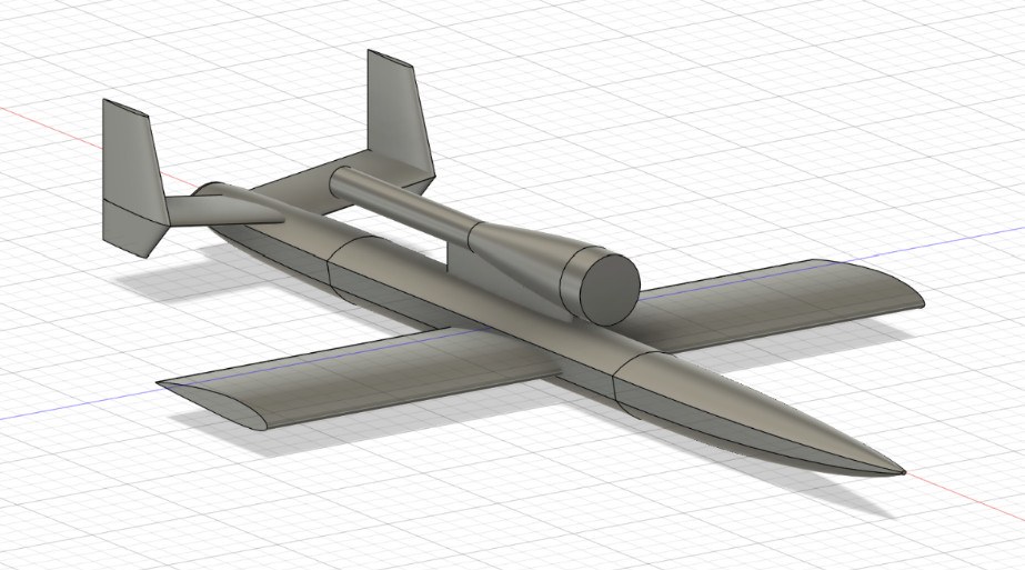 CAD model of the pulsejet UAV: slender fuselage, straight wings, twin vertical tails, and the pulsejet engine mounted above the rear fuselage